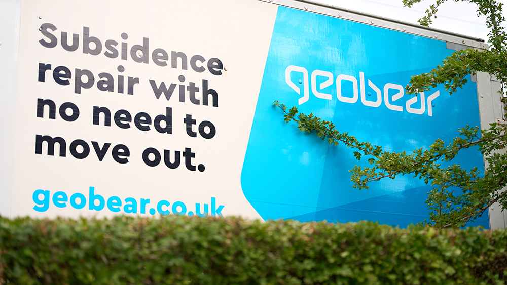 Viewing the Geobear van livery with shrubs and a tree in the foreground. Livery reads "subsidence repair with no need to move out."